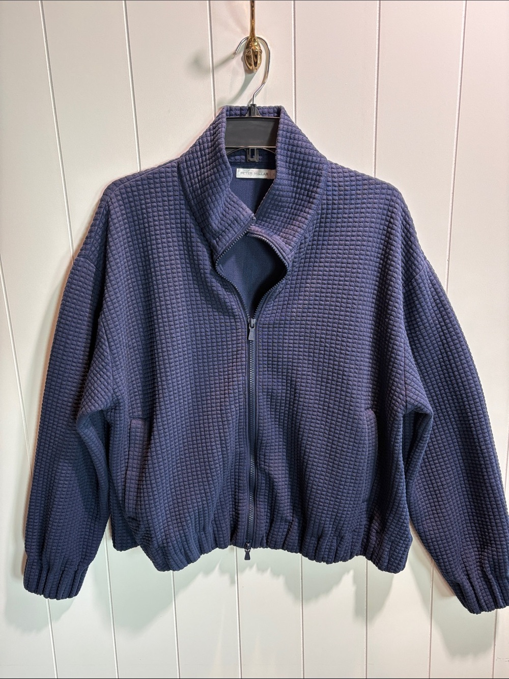 Peter Millar flora knit jacquard navy blue zip front jacket front pockets XL